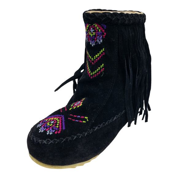 BUTITI Black Embroidered Southwestern Fuzzy-Lined Fringed Boho Ankle Boots 8 - Picture 3 of 12